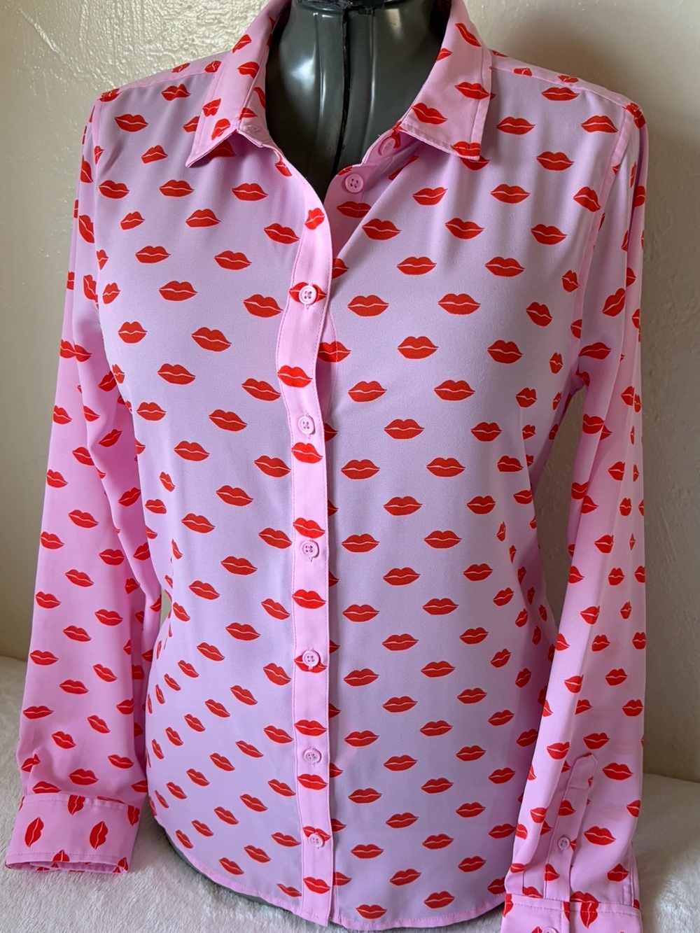 Pink Button-Up Blouse with Red Lip Print